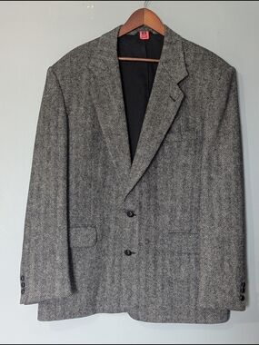 Vintage Protocol Men's Pure Virgin Wool Herringbone Gray Blazer  Dark‎ Academia